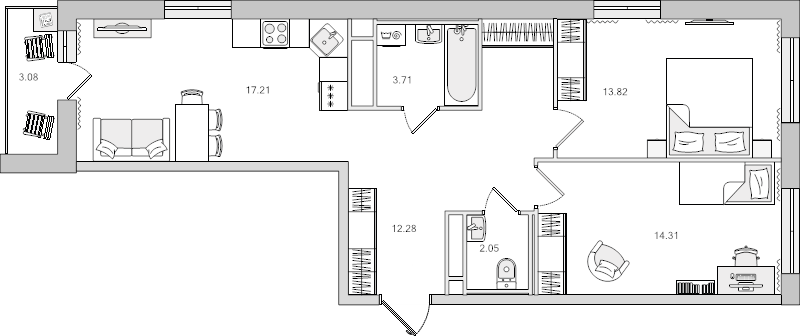 3-комнатная (Евро) квартира, 66.16 м² в ЖК "Город Первых" - планировка, фото №1