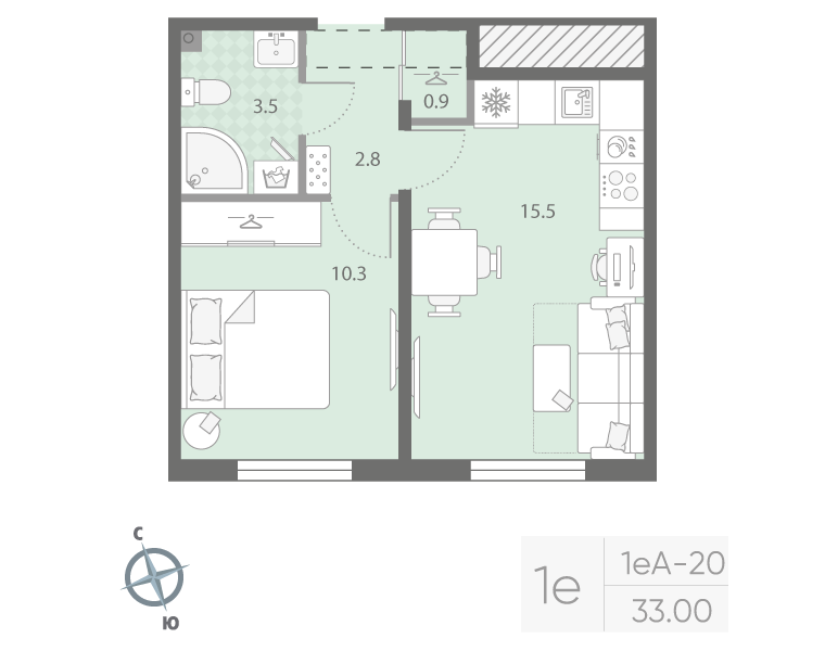 2-комнатная (Евро) квартира, 33 м² - планировка, фото №1