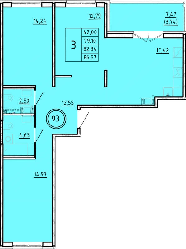 4-комнатная (Евро) квартира, 79.1 м² - планировка, фото №1