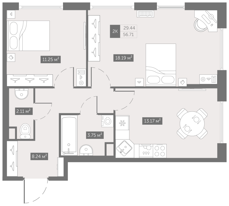 2-комнатная квартира, 56.71 м² в ЖК "UP-квартал Новый Московский" - планировка, фото №1