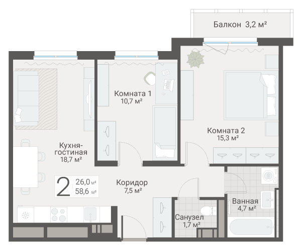 3-комнатная (Евро) квартира, 58.6 м² в ЖК "Руднева 15" - планировка, фото №1