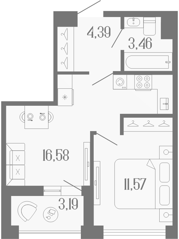 2-комнатная (Евро) квартира, 37.6 м² в ЖК "Коллекционный дом 1919" - планировка, фото №1