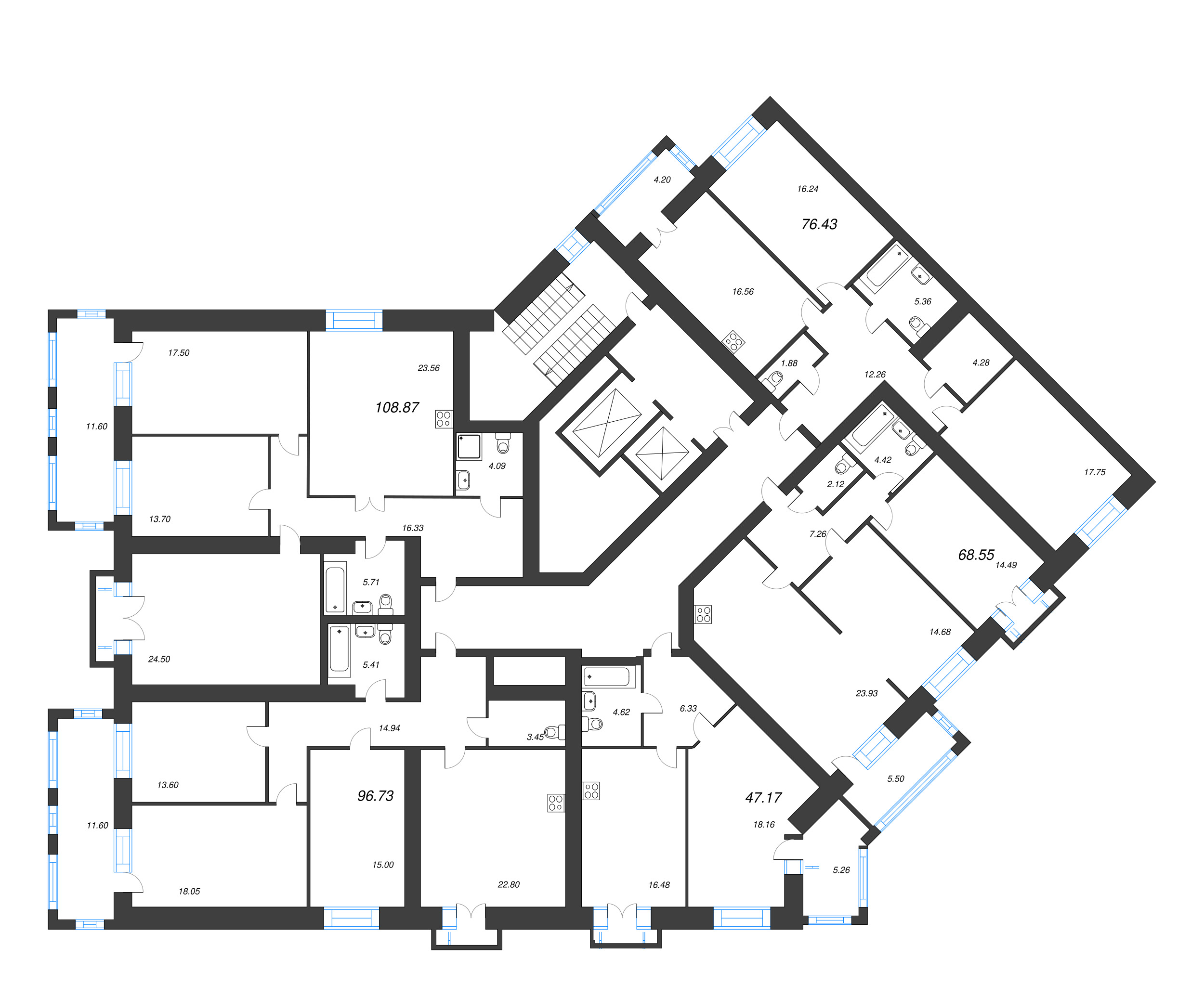3-комнатная (Евро) квартира, 75.9 м² - планировка этажа
