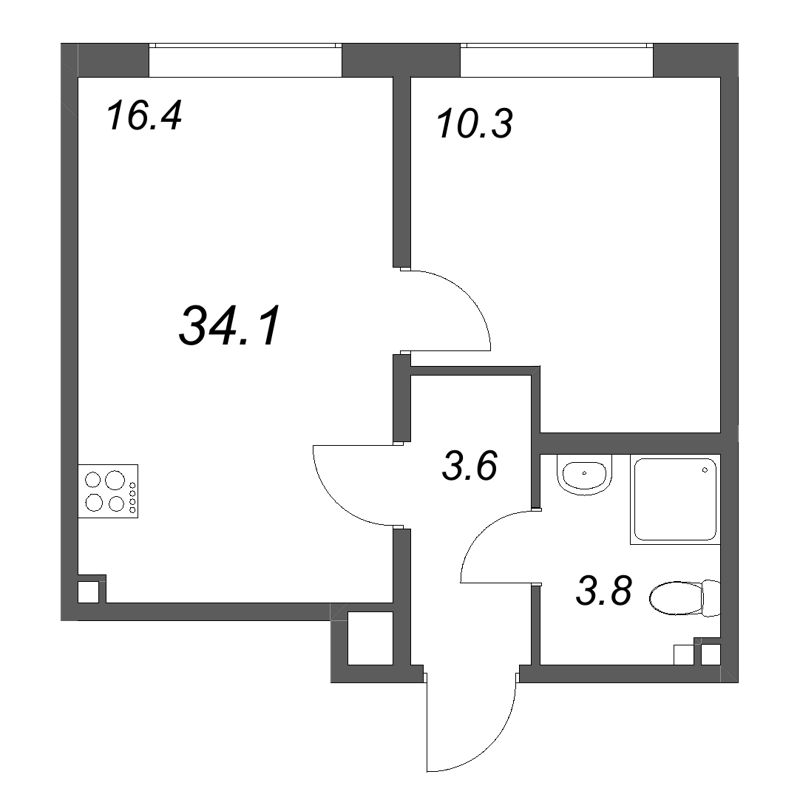 2-комнатная (Евро) квартира, 34.1 м² в ЖК "Пулково Lake" - планировка, фото №1