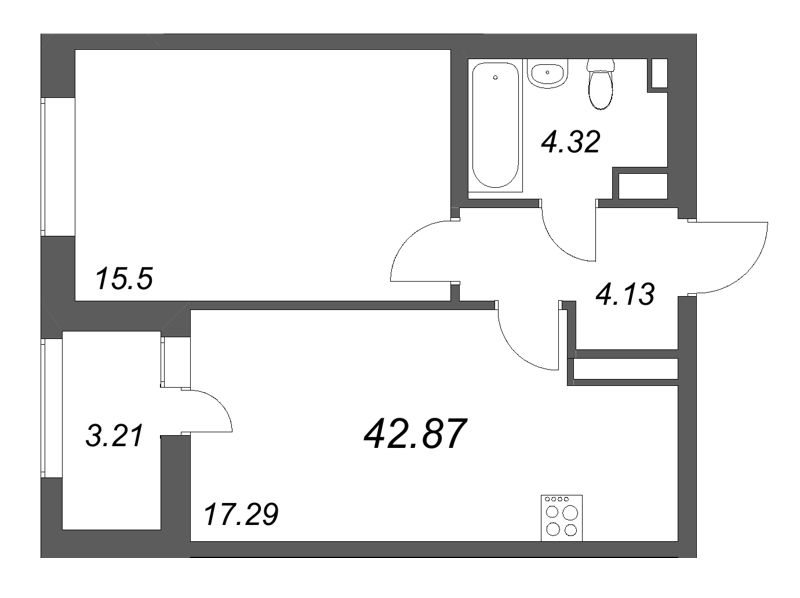 2-комнатная (Евро) квартира, 42.87 м² в ЖК "Аквилон Солар" - планировка, фото №1
