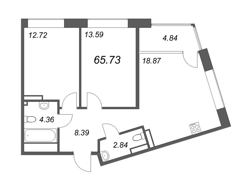 3-комнатная (Евро) квартира, 65.73 м² - планировка, фото №1