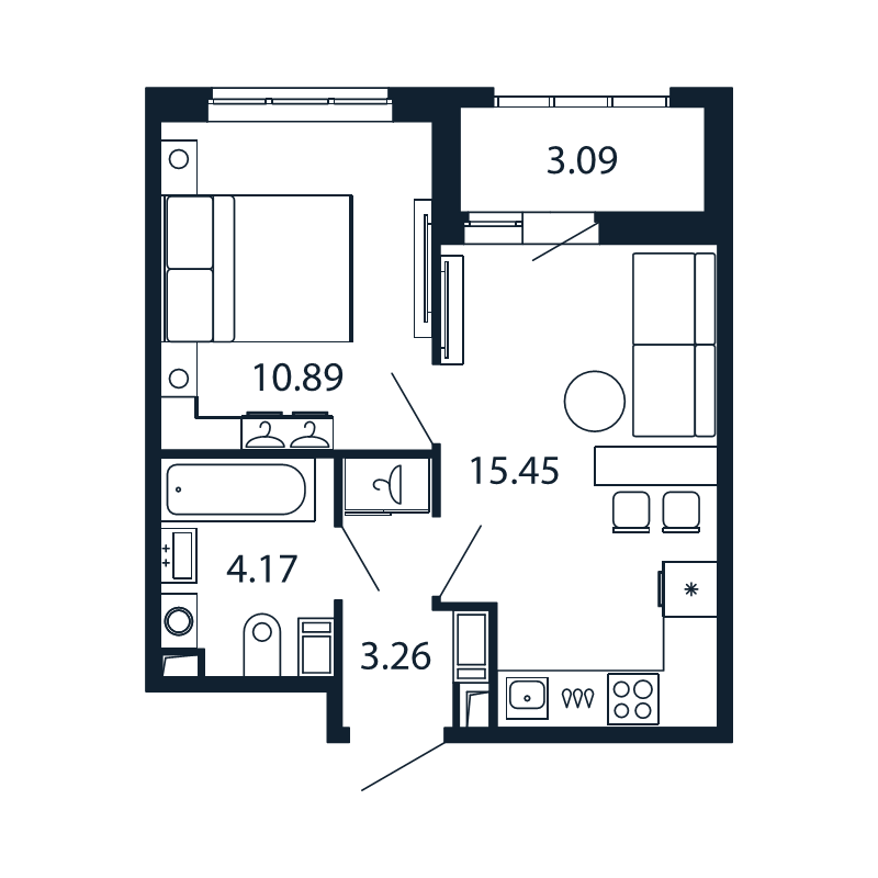 2-комнатная (Евро) квартира, 33.77 м² - планировка, фото №1