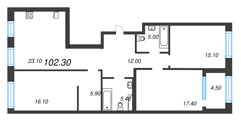 4-комнатная (Евро) квартира, 102.3 м² в ЖК "ЛДМ" - планировка, фото №1