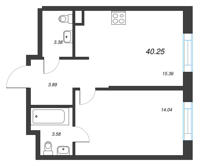 2-комнатная (Евро) квартира, 40.25 м² - планировка, фото №1