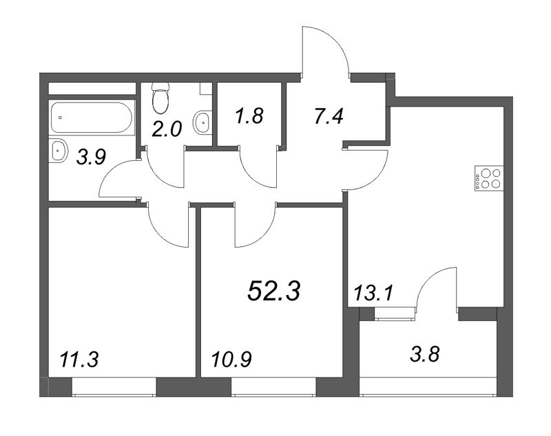 2-комнатная квартира, 52.3 м² - планировка, фото №1