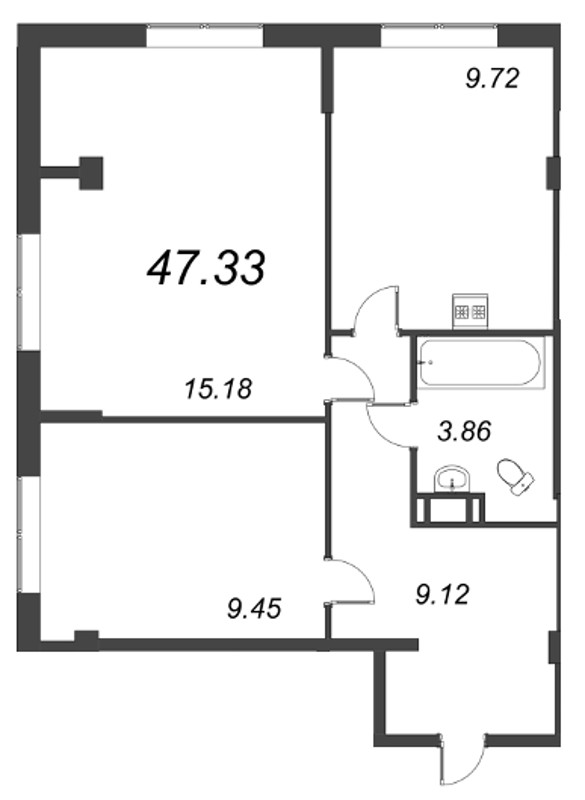 2-комнатная квартира, 46.33 м² - планировка, фото №1
