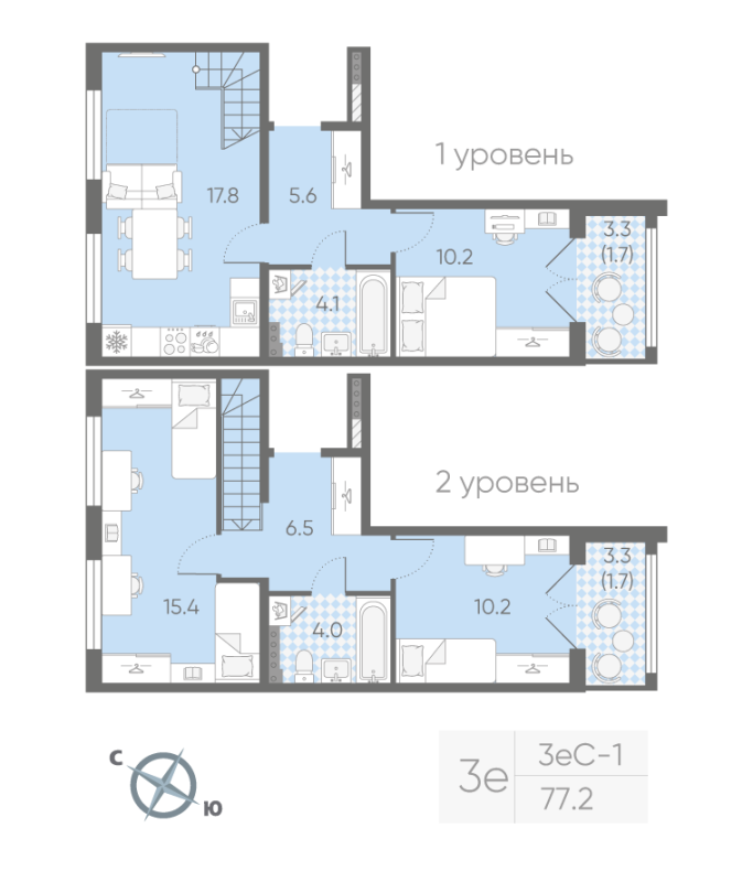 4-комнатная (Евро) квартира, 77.2 м² в ЖК "Пулково Lake" - планировка, фото №1