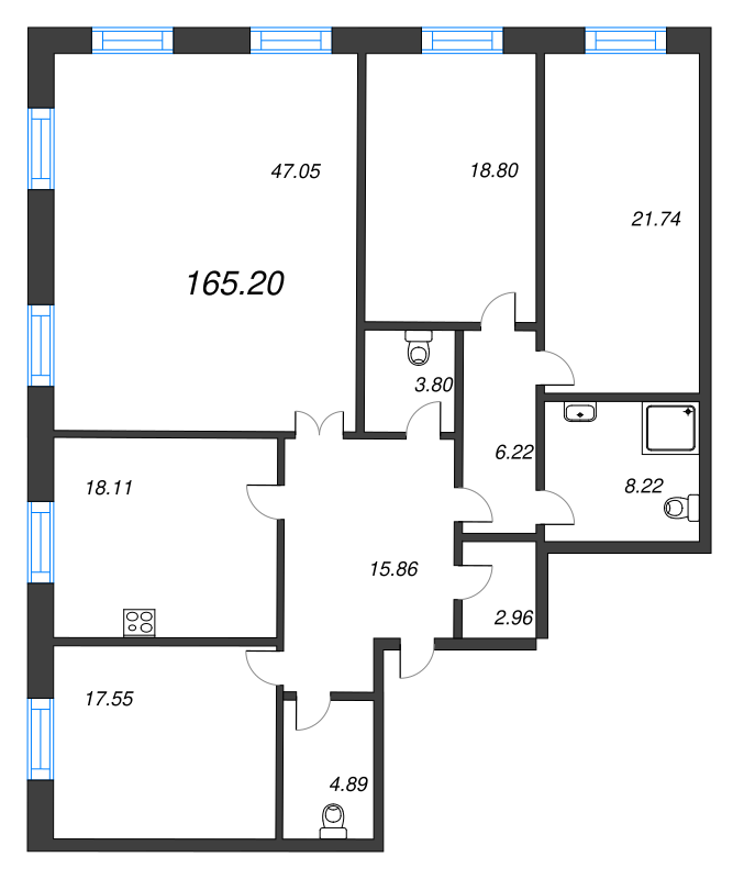 5-комнатная (Евро) квартира, 165.7 м² - планировка, фото №1