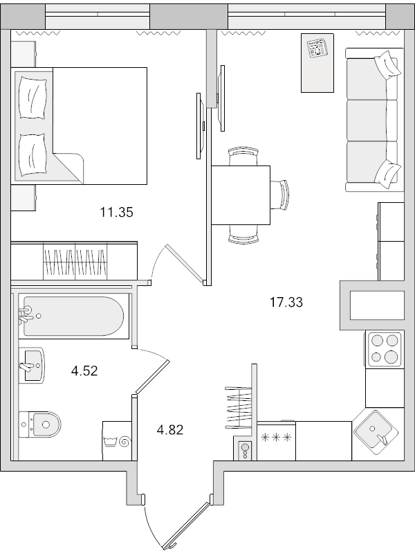 2-комнатная (Евро) квартира, 38.02 м² в ЖК "Город Первых" - планировка, фото №1