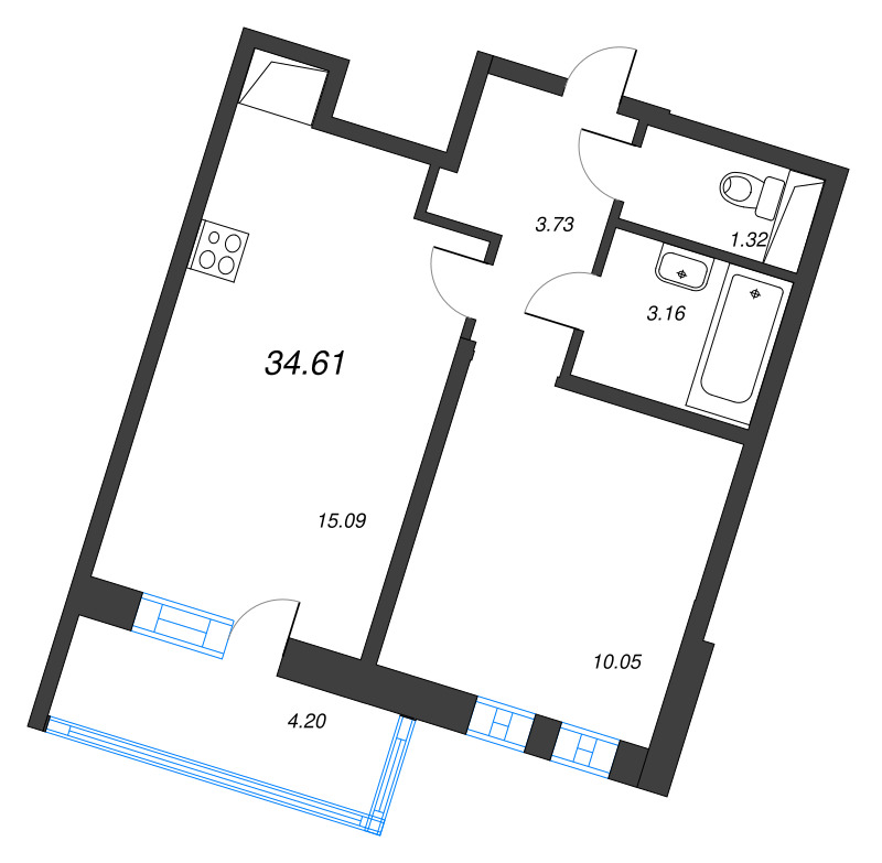 2-комнатная (Евро) квартира, 34.61 м² в ЖК "Аэросити" - планировка, фото №1