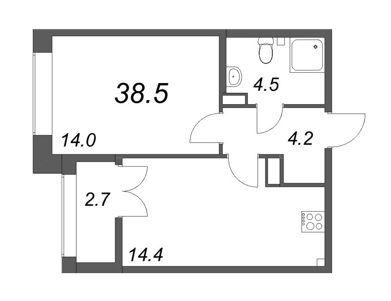 1-комнатная квартира, 38.5 м² - планировка, фото №1