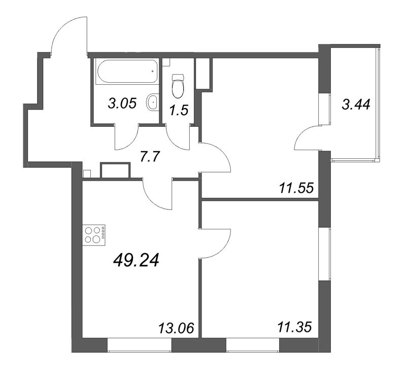 2-комнатная квартира, 49.24 м² - планировка, фото №1