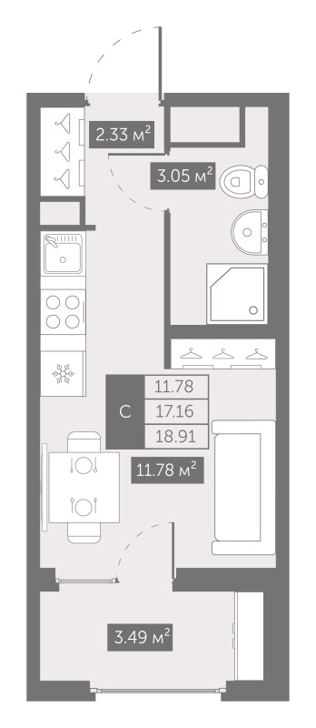 Квартира-студия, 18.91 м² - планировка, фото №1