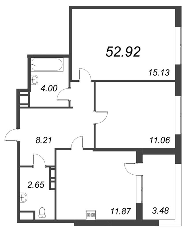 2-комнатная квартира, 52.92 м² - планировка, фото №1