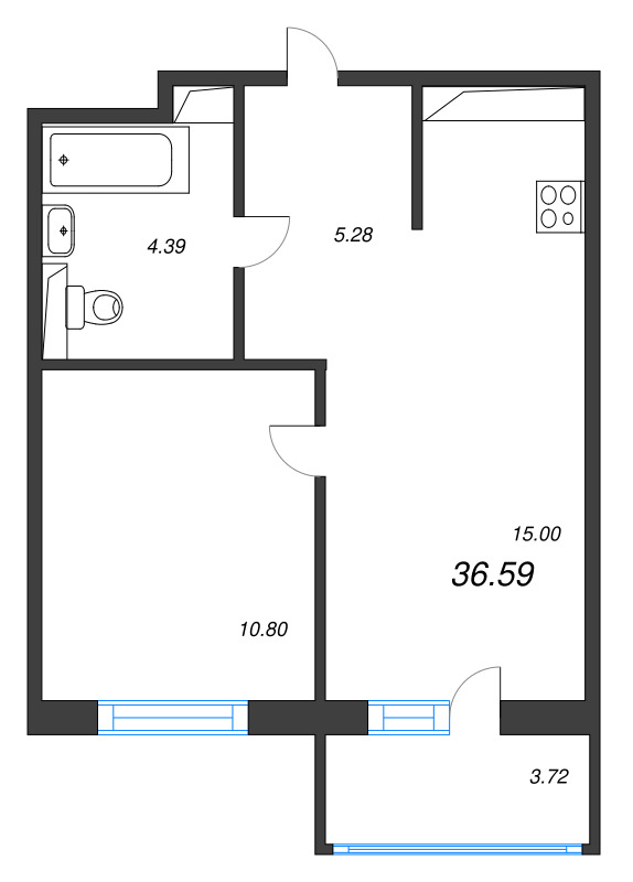 2-комнатная (Евро) квартира, 36.59 м² в ЖК "Окла" - планировка, фото №1