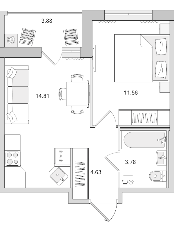 1-комнатная квартира, 38.66 м² в ЖК "Dreamline" - планировка, фото №1