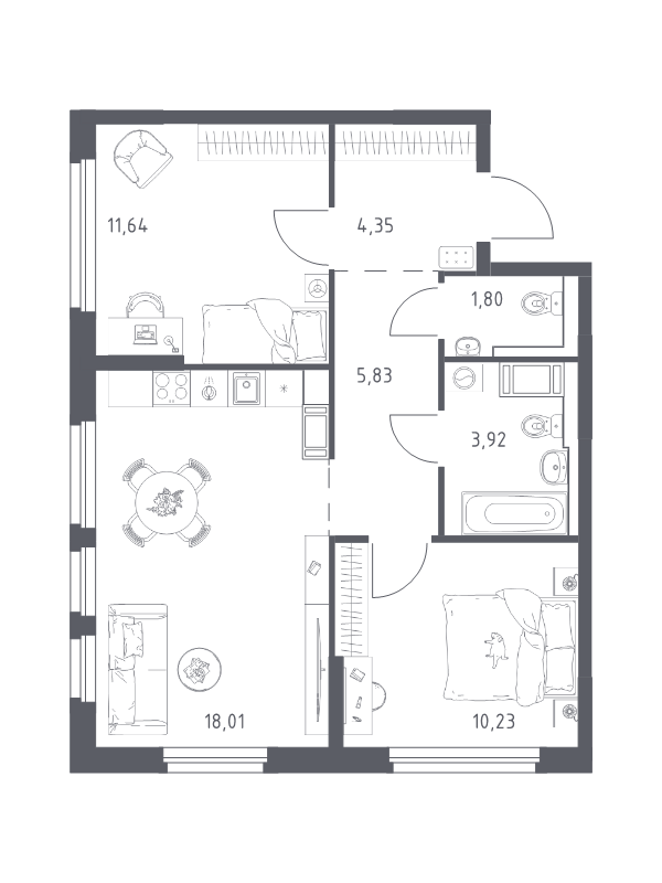 3-комнатная (Евро) квартира, 55.78 м² в ЖК "Новое Колпино" - планировка, фото №1