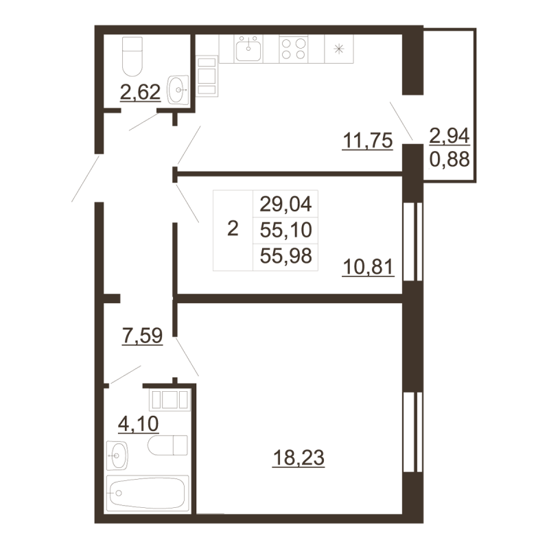 2-комнатная квартира, 55.98 м² - планировка, фото №1