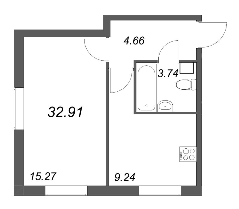 1-комнатная квартира, 32.91 м² в ЖК "Кинопарк" - планировка, фото №1
