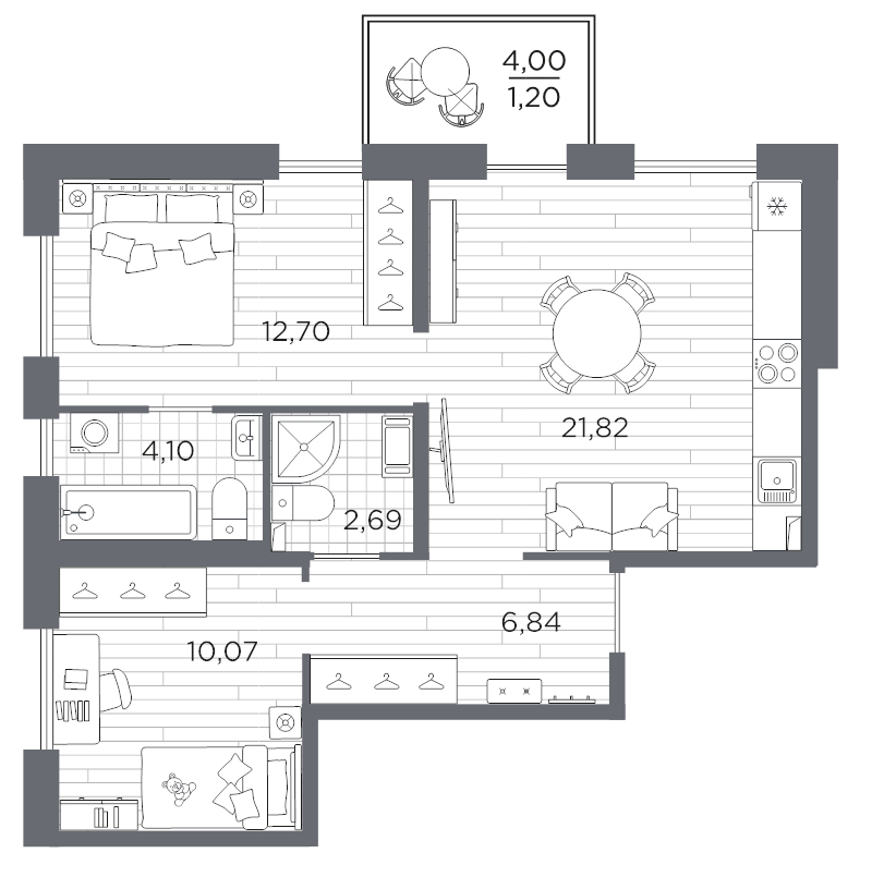 3-комнатная (Евро) квартира, 59.42 м² в ЖК "Сезоны" - планировка, фото №1