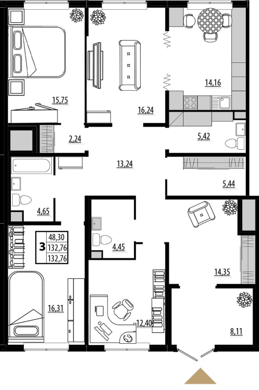 4-комнатная (Евро) квартира, 131.8 м² - планировка, фото №1
