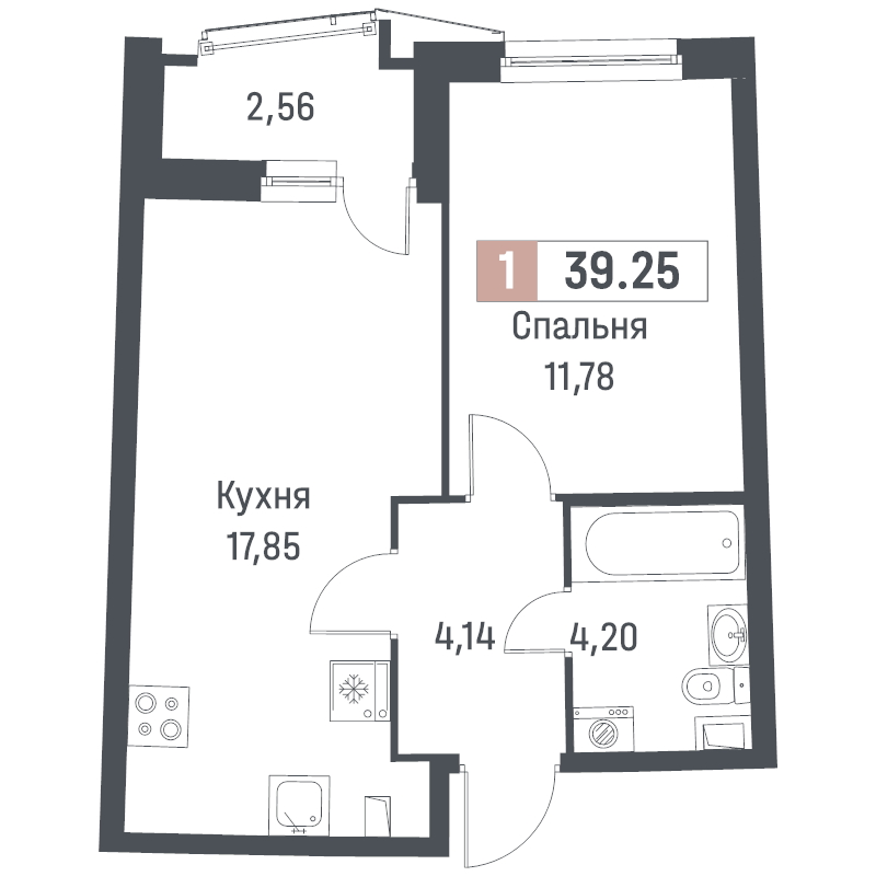2-комнатная (Евро) квартира, 39.25 м² в ЖК "Авиатор" - планировка, фото №1