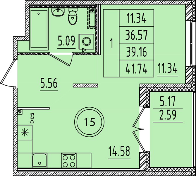 1-комнатная квартира, 36.57 м² в ЖК "Образцовый квартал 14" - планировка, фото №1