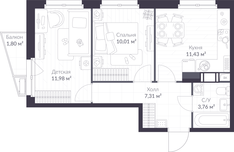 2-комнатная квартира, 45.03 м² в ЖК "VEREN NORT сертолово" - планировка, фото №1