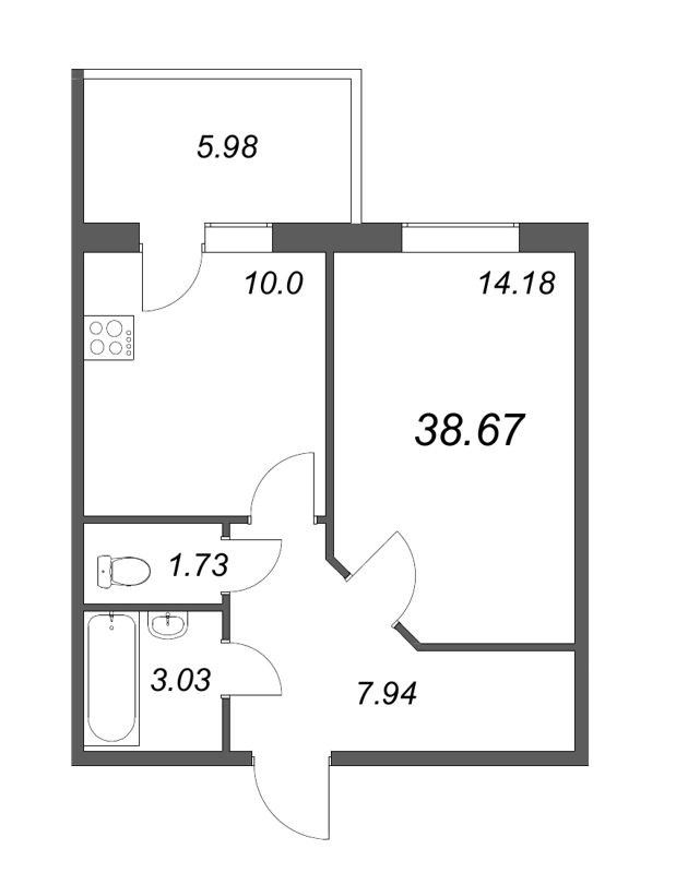 1-комнатная квартира, 36.88 м² - планировка, фото №1