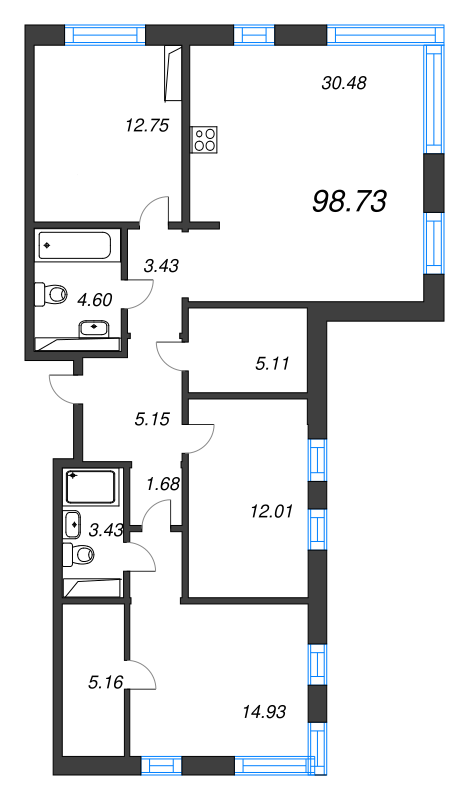 4-комнатная (Евро) квартира, 98.73 м² - планировка, фото №1