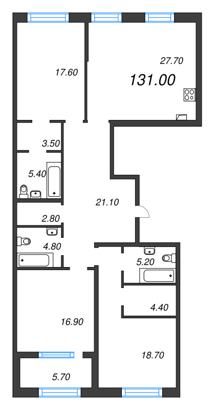 4-комнатная (Евро) квартира, 131 м² - планировка, фото №1
