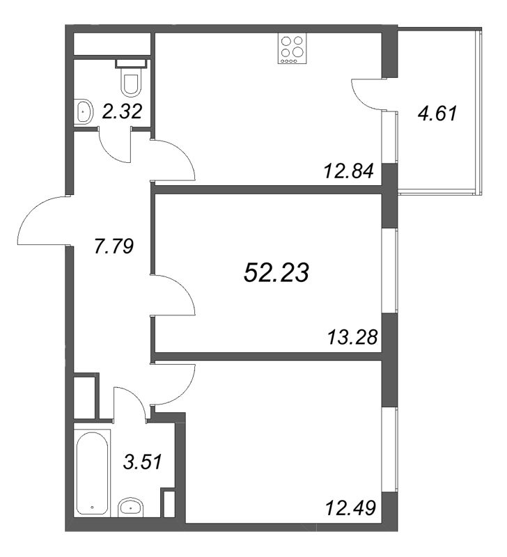 2-комнатная квартира, 52.23 м² в ЖК "ЮгТаун" - планировка, фото №1