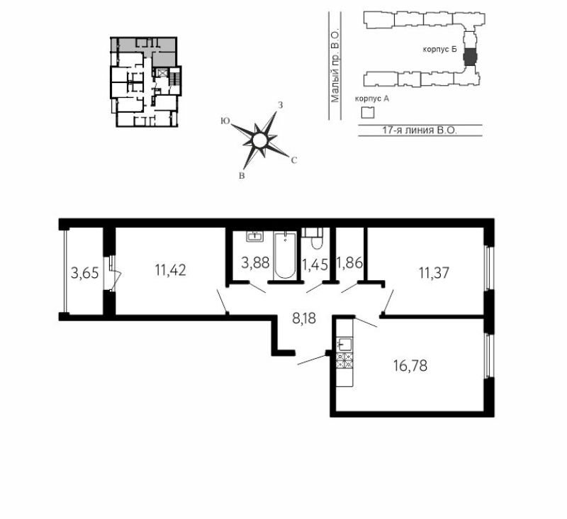 3-комнатная (Евро) квартира, 56.04 м² в ЖК "17-я линия" - планировка, фото №1