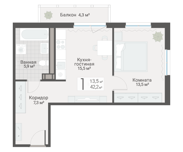 2-комнатная (Евро) квартира, 42.2 м² в ЖК "Руднева 15" - планировка, фото №1