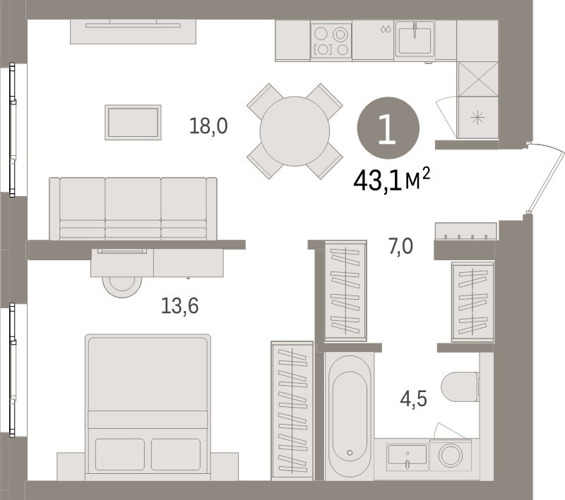 2-комнатная (Евро) квартира, 43.1 м² - планировка, фото №1
