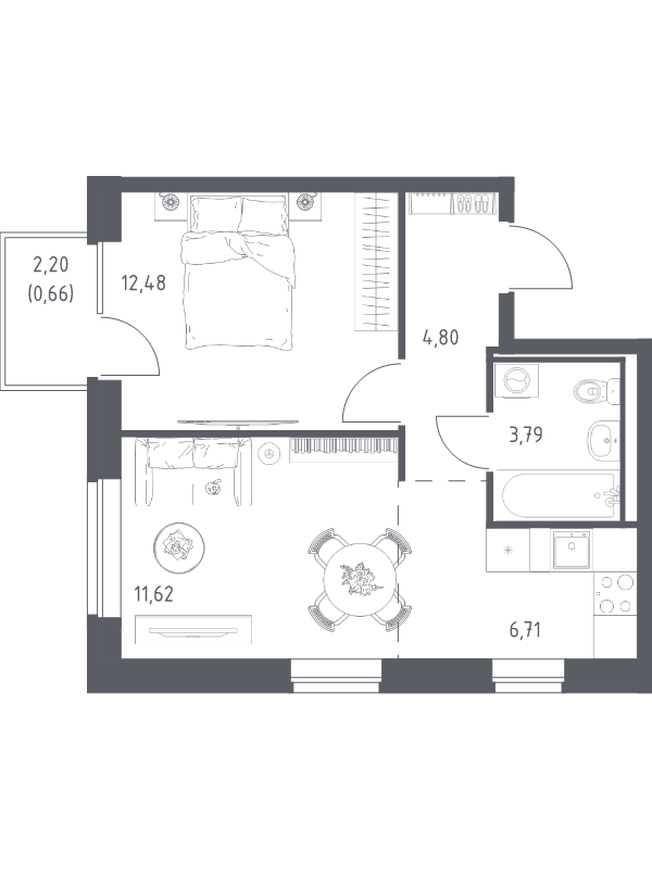 2-комнатная (Евро) квартира, 40.06 м² в ЖК "Живи! В Рыбацком" - планировка, фото №1