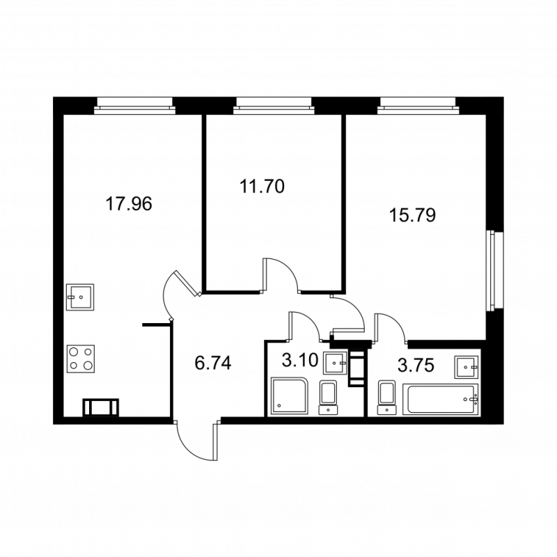3-комнатная (Евро) квартира, 59.04 м² в ЖК "Квартал Заречье" - планировка, фото №1
