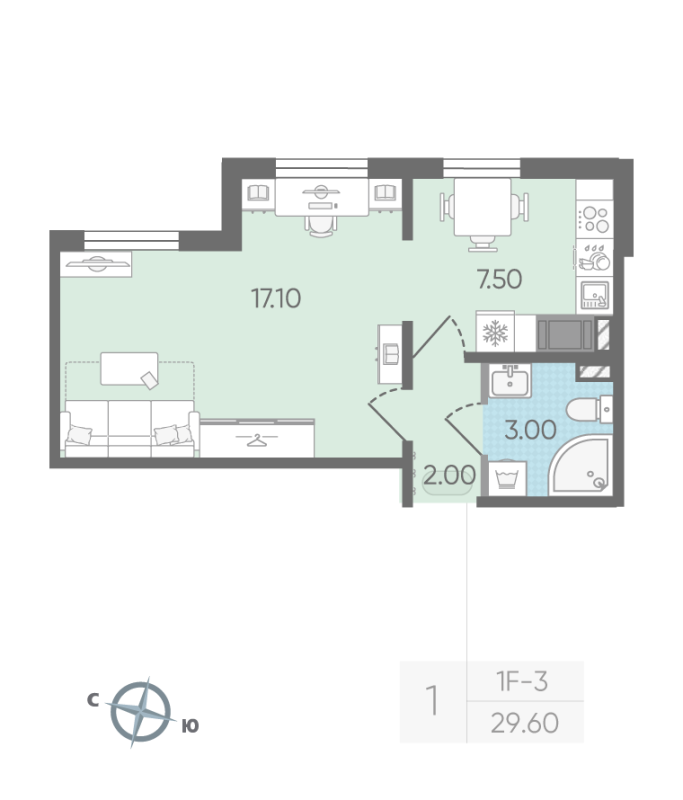 1-комнатная квартира, 29.6 м² - планировка, фото №1