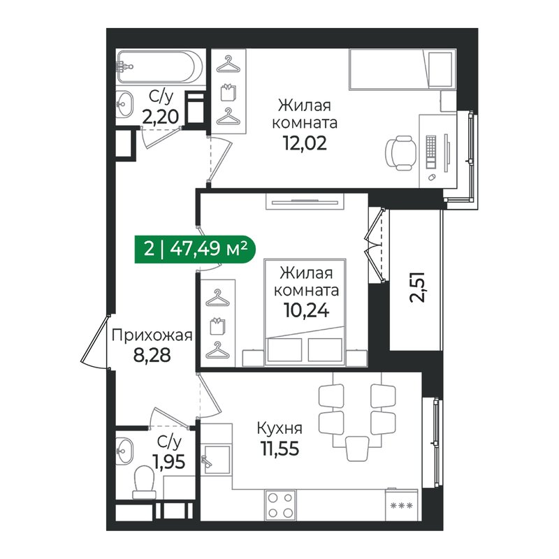 2-комнатная квартира, 47.49 м² в ЖК "Сертолово Парк" - планировка, фото №1