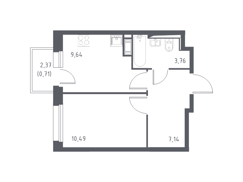 1-комнатная квартира, 31.74 м² - планировка, фото №1