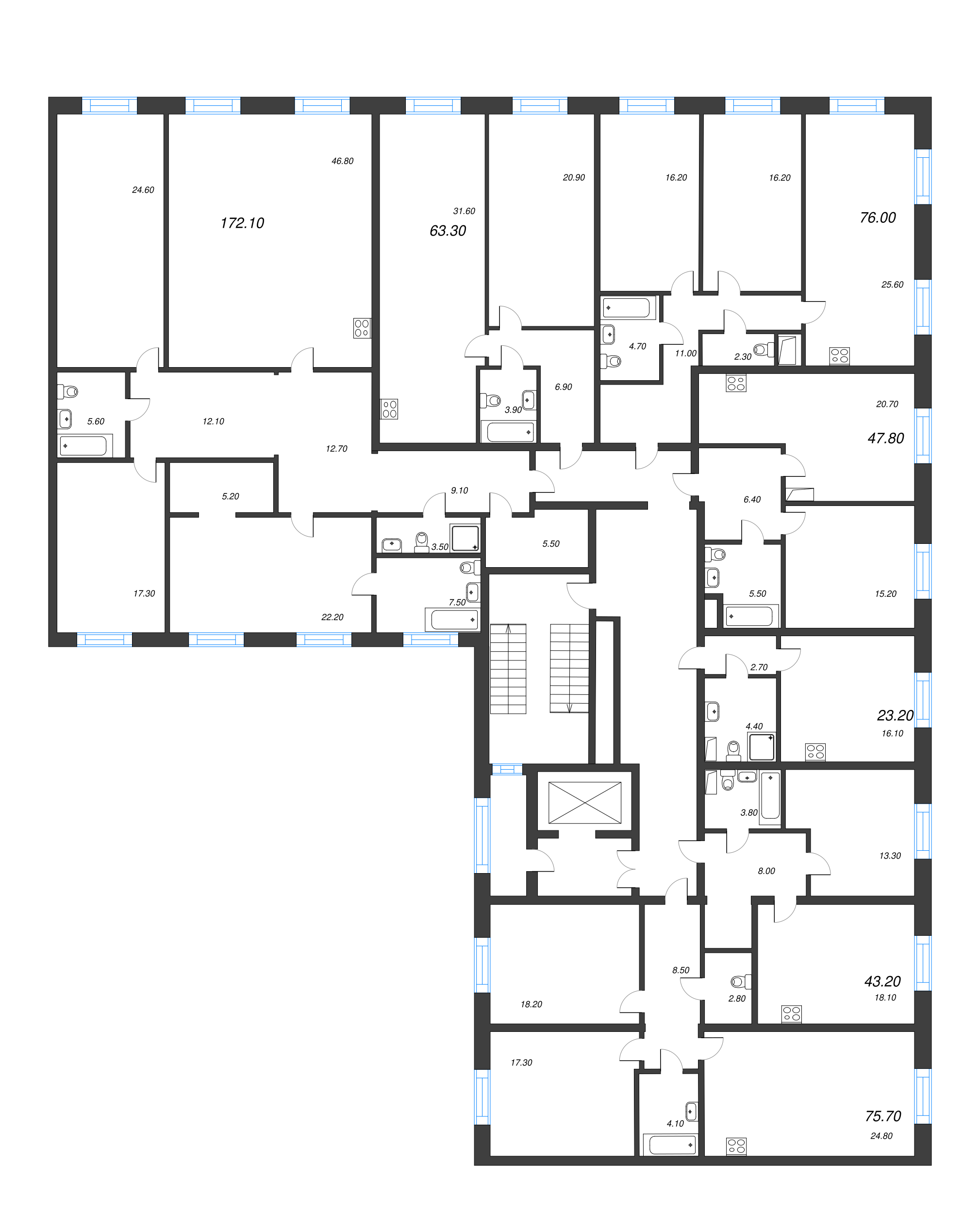 2-комнатная (Евро) квартира, 43 м² в ЖК "Neva Haus" - планировка этажа