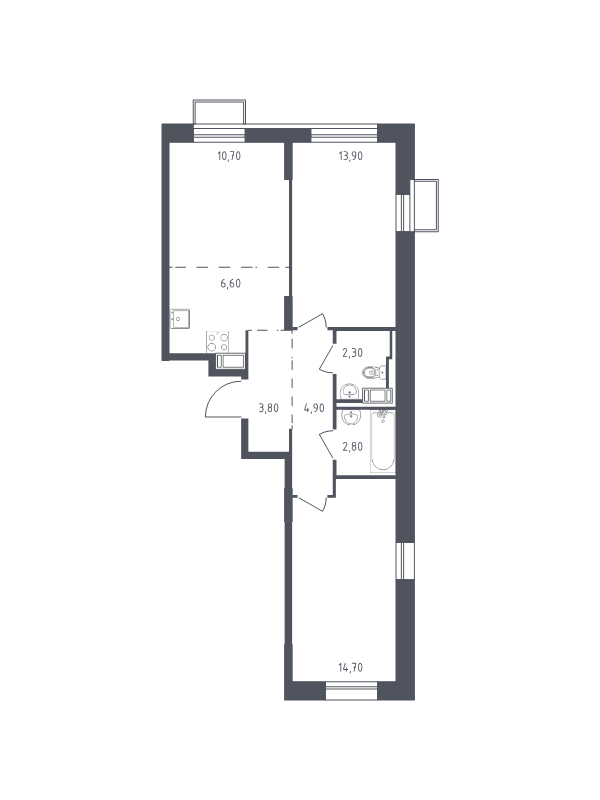 3-комнатная (Евро) квартира, 59.7 м² в ЖК "Курортный Квартал" - планировка, фото №1