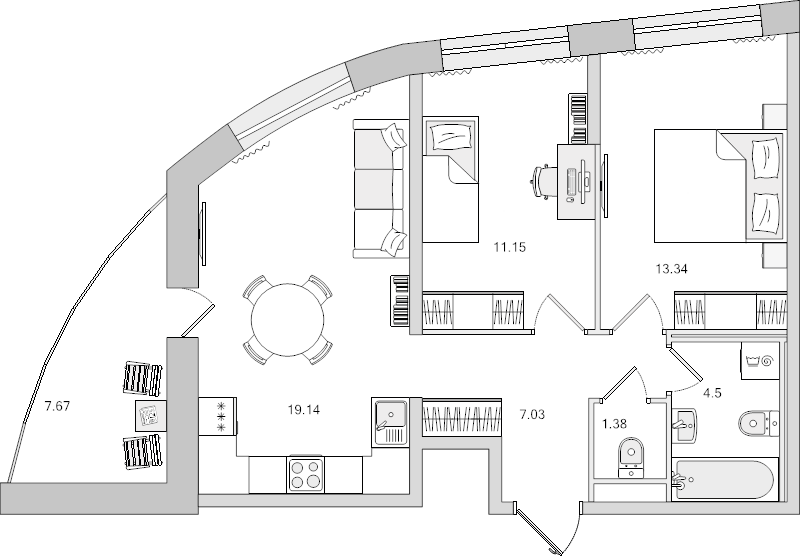 3-комнатная (Евро) квартира, 56.54 м² - планировка, фото №1