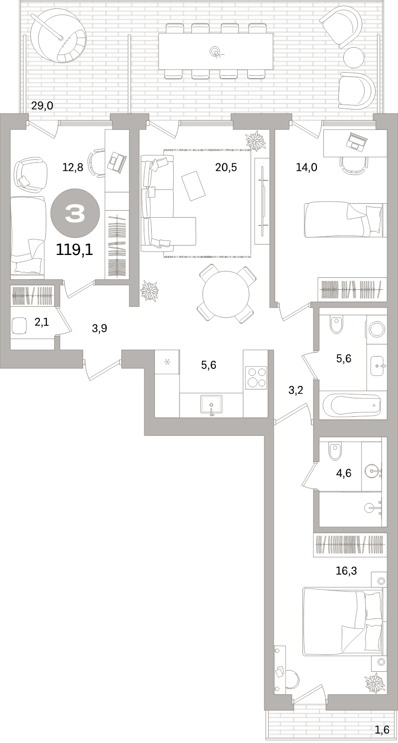 4-комнатная (Евро) квартира, 119.1 м² в ЖК "Северный ветер" - планировка, фото №1
