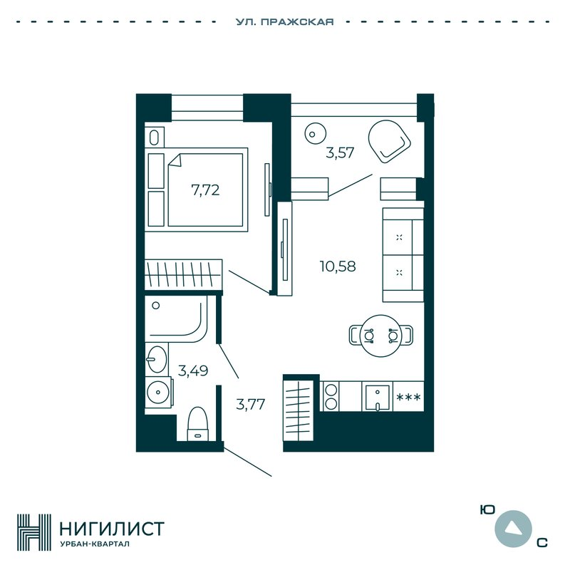 1-комнатная квартира, 27.35 м² в ЖК "Нигилист" - планировка, фото №1